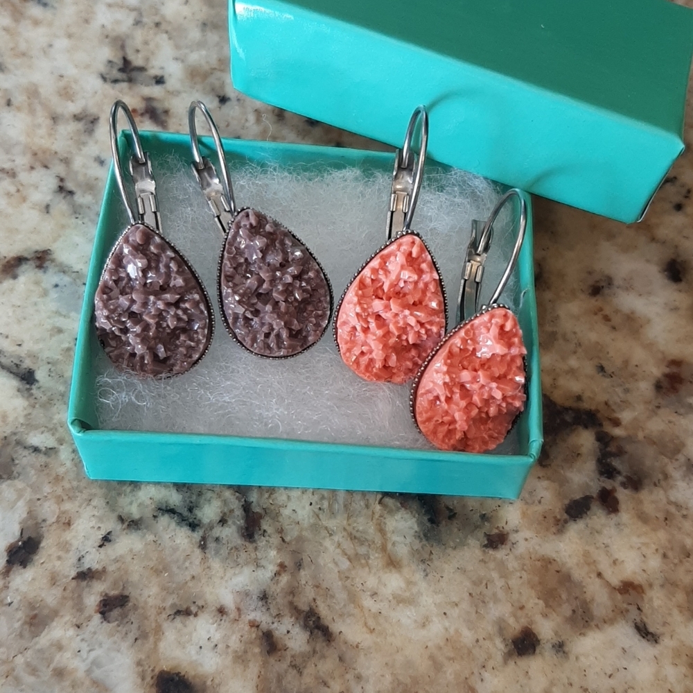 Elegant Brown and Coral Druzy Style Teardrop Earrings